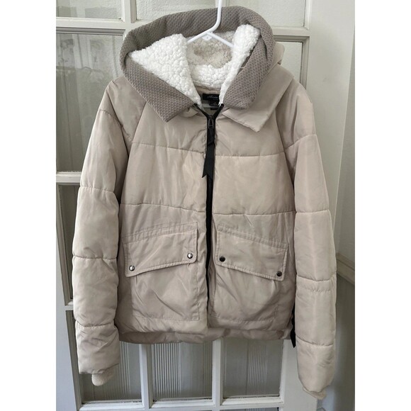 Anna Cai Puffer Coat Sherpa Lined Hood Full Zip Coat Beige Size Large - Picture 1 of 13